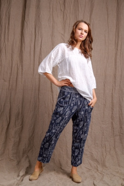 linen printed pants and beautiful long sleeves white linen shirt